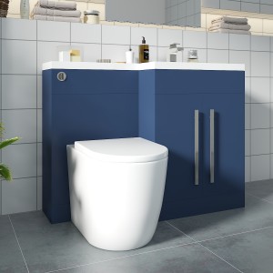 Calm Matt Blue Right Hand Combination Vanity Unit Basin L Shape with Back to Wall Cordoba Toilet & Soft Close Seat & Concealed Cistern - 1100mm