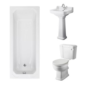 Wellington Close Coupled Comfort Height Toilet with Sand Seat & 500mm 1 Tap Hole Basin with 1700 x 700mm Traditional Straight Bath Single Ended