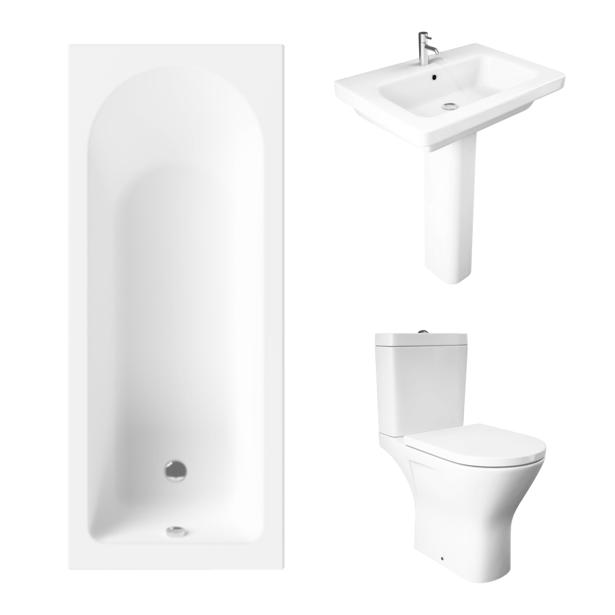 Essentials 1600 x 700mm Straight Bath Single Ended Bathroom Suite with RAK-Resort Maxi Close Coupled Open Back Rimless Toilet and 650mm Full Pedestal Basin - Including Bath Panels