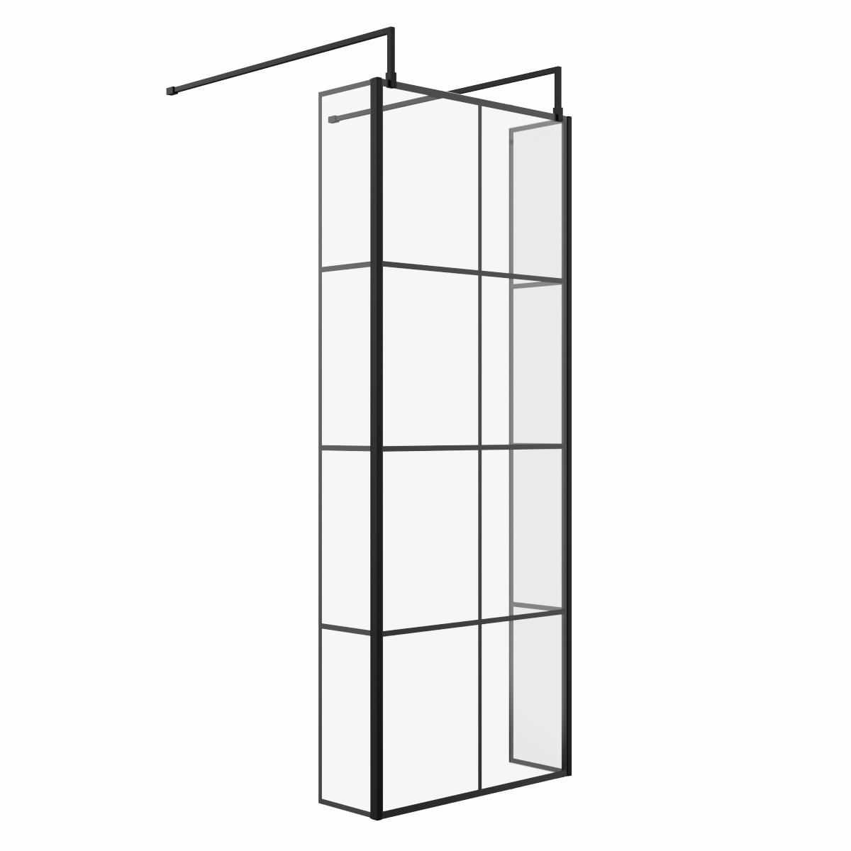 Wasdale 800mm Black Grid Walk Through Wet Room Screen with 215mm Hinged Return Screens & L- Shape Support Arms