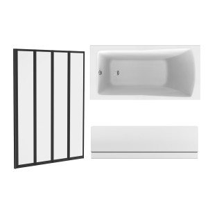 Sawley 1400 x 700mm Straight Bath Single Ended with Front Panel and Black Folding Bath Screen
