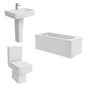 Boston Modern Bathroom Suite with Close Coupled Toilet and Essential Single Ended Bath - 1600 x 700mm - Front & End Bath Panel Included