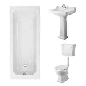 Wellington Low Level Comfort Height Toilet with Sand Seat & 560mm 1 Tap Hole Basin with 1700 x 700mm Traditional Straight Bath Single Ended