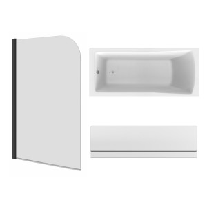 Sawley 1800 x 800mm Straight Bath Single Ended with Front Panel and Round Black Bath Screen