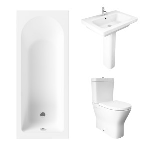 Essentials 1600 x 700mm Straight Bath Single Ended Bathroom Suite with RAK-Resort Maxi Close Coupled Closed Back Rimless Toilet and 650mm Full Pedestal Basin - Including Bath Panels