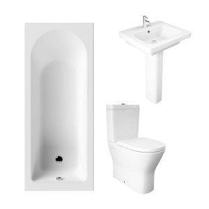 Essentials 1500 x 700mm Straight Bath Single Ended Bathroom Suite with RAK-Resort Maxi Close Coupled Closed Back Rimless Toilet and 550mm Full Pedestal Basin