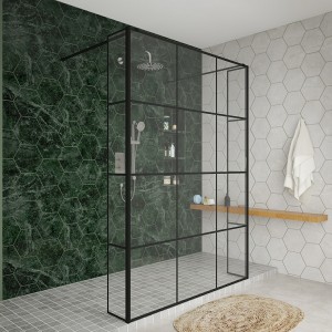 Wasdale 1400mm Black Grid Walk Through Wet Room Screen with 215mm Hinged Return Screens