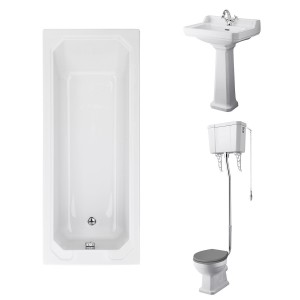 Wellington High Level Toilet with Grey Seat & 600mm 1 Tap Hole Basin with 1700 x 700mm Traditional Straight Bath Single Ended