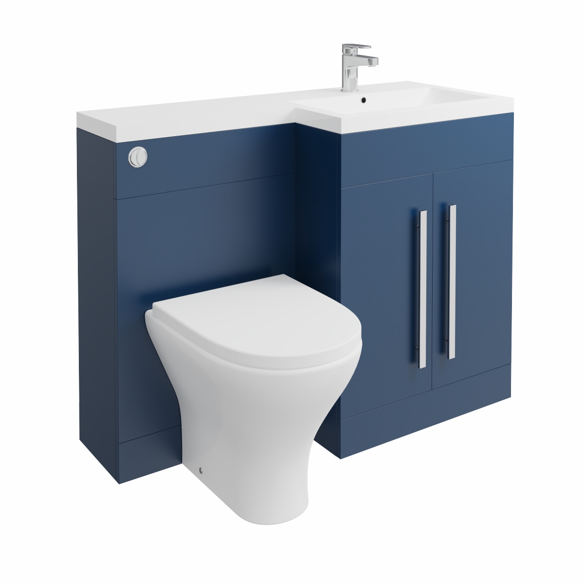Calm Matt Blue Right Hand Combination Vanity Unit Basin L Shape with Back to Wall Fresh Curved Toilet & Soft Close Seat & Concealed Cistern - 1100mm