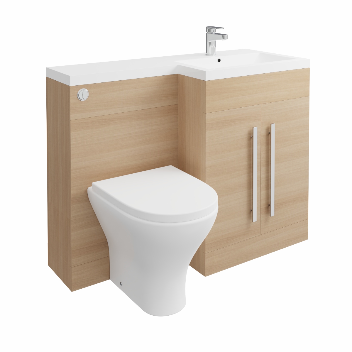 Calm Light Oak Right Hand Combination Vanity Unit Basin L Shape with Back to Wall Fresh Curved Toilet & Soft Close Seat & Concealed Cistern - 1100mm