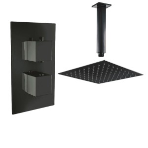Beauly Matt Black Twin Square Handle Concealed Valve with 200mm Square Shower Head and Ceiling Arm (1 Outlet)