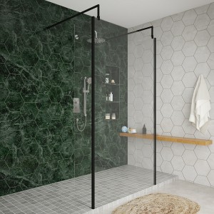 Wasdale 1100mm Black Walk Through Wet Room Screen with 300mm Hinged Return Screens & L- Shape Support Arms