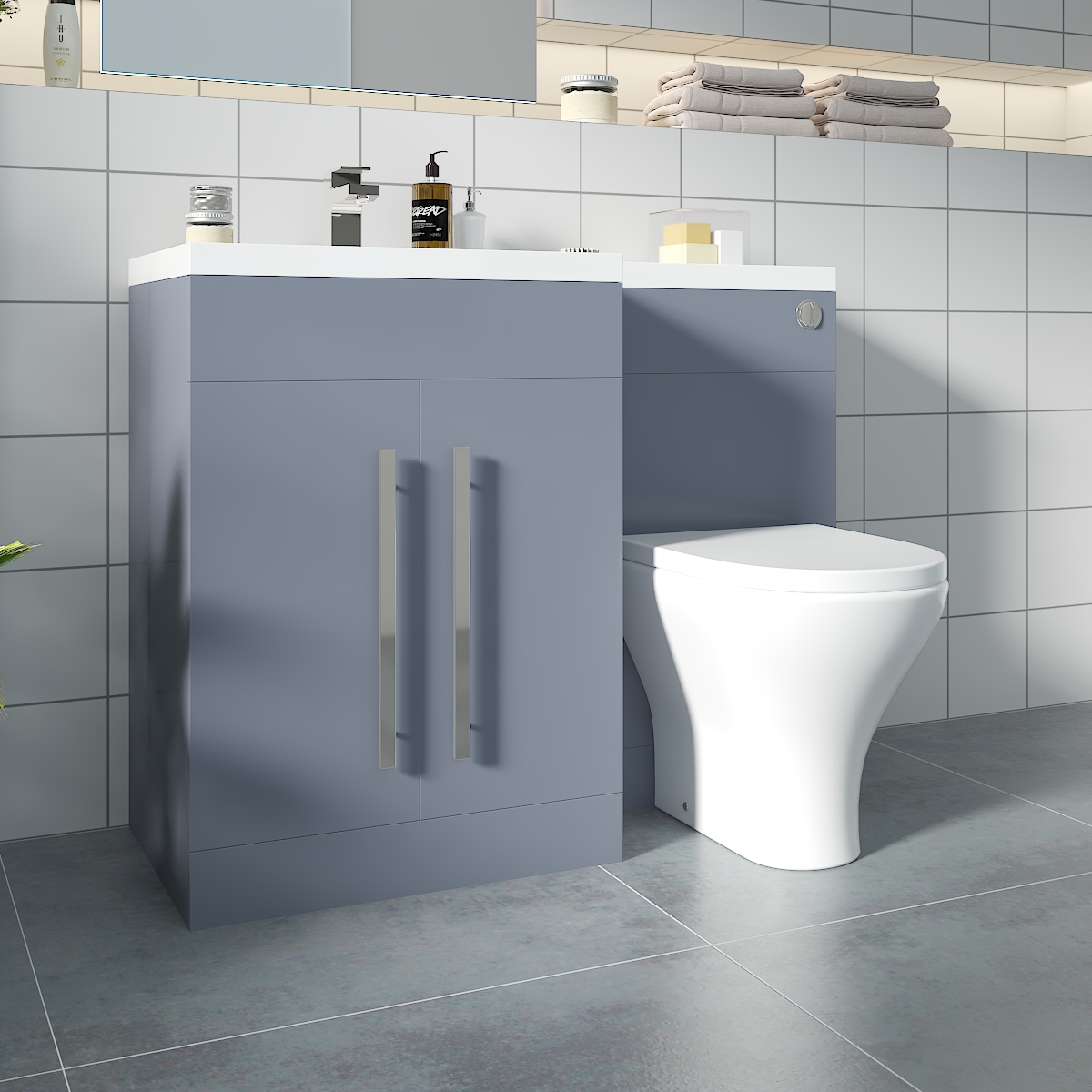Calm Gloss Grey Left Hand Combination Vanity Unit Basin L Shape with Back to Wall Fresh Curved Toilet & Soft Close Seat & Concealed Cistern - 1100mm