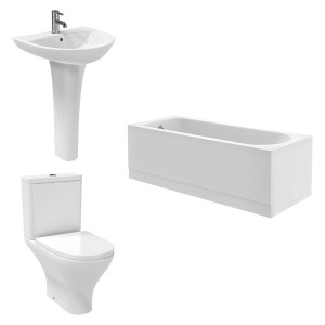 Fresh Curved Modern Bathroom Suite with Close Coupled Toilet and Essential Single Ended Bath - 1700 x 700mm - Front & End Bath Panel Included