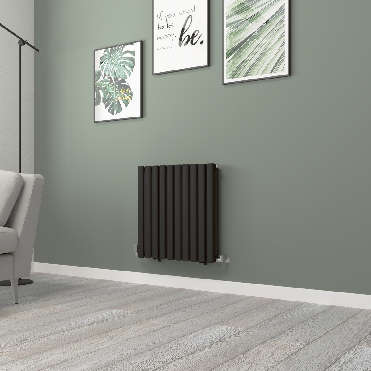 Norden 600 x 591mm Black Double Horizontal Oval Tube Designer Radiator