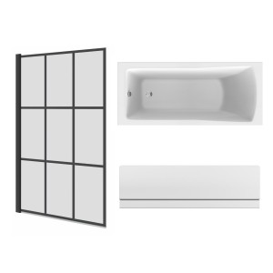 Sawley 1600 x 700mm Straight Bath Single Ended with Front Panel and Square Black Grid Bath Screen