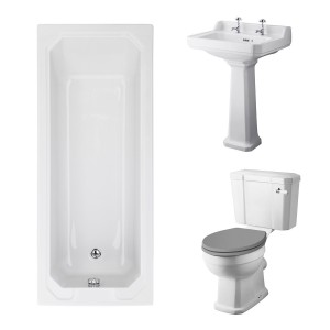 Wellington Close Coupled Toilet with Grey Seat & 600mm 2 Tap Hole Basin with 1700 x 700mm Traditional Straight Bath Single Ended
