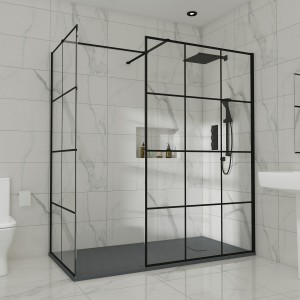 Wasdale 1000mm Wet Room Screen with 760mm Wet Room Screen - Black Grid