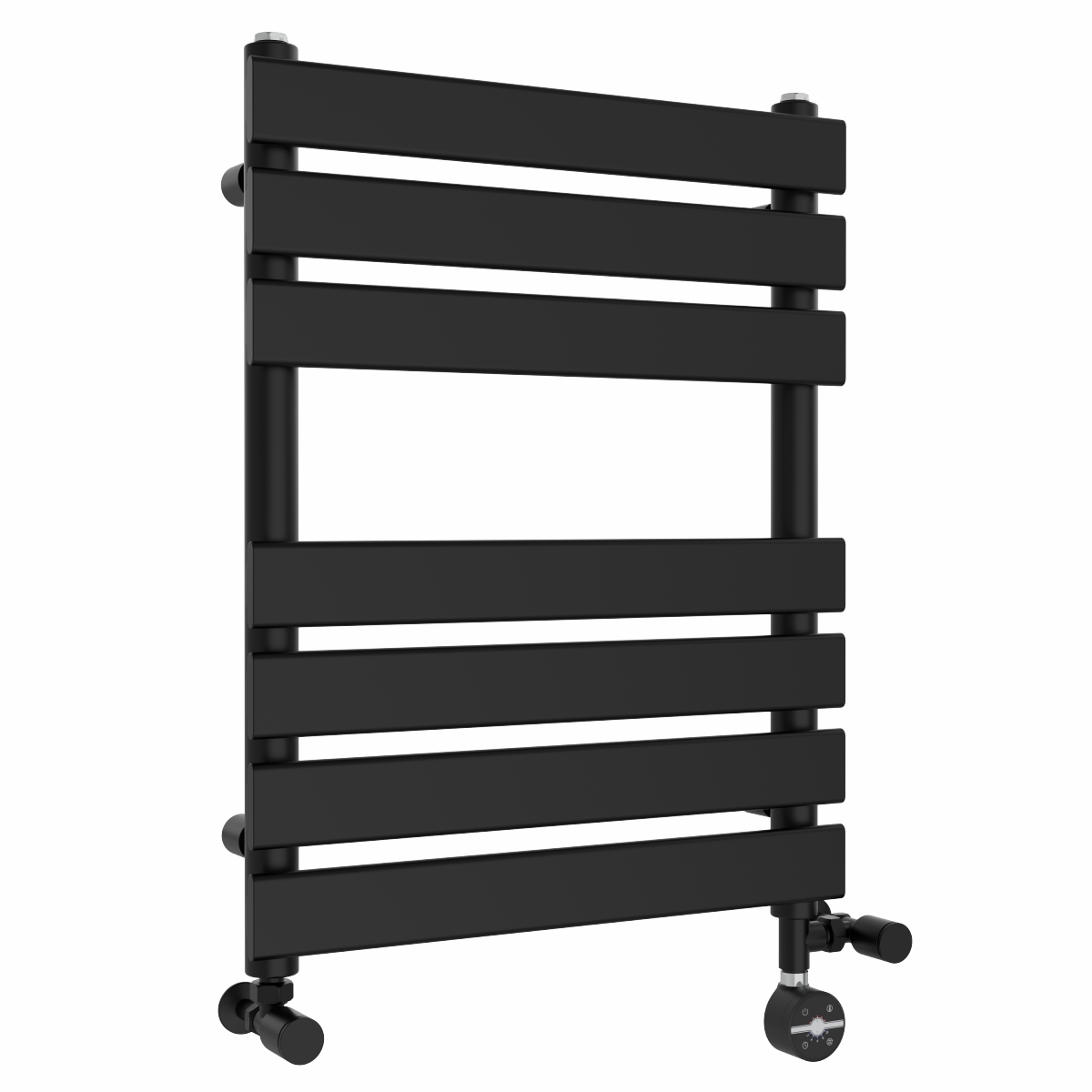 Juva 650 x 500mm Dual Fuel Satin Black Flat Panel Thermostatic Touch Control Electric Heated Towel Rail