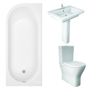 RAK Resort Maxi Closed Back Toilet with 650mm Basin Modern Bathroom Suite with J-Shape Bath - Right Handed - 1700mm