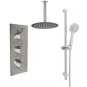 Thurso Chrome Triple Round Handle Concealed Valve with 200mm Round Shower Head, Ceiling Arm and Chrome Riser Rail Kit (2 Outlet)