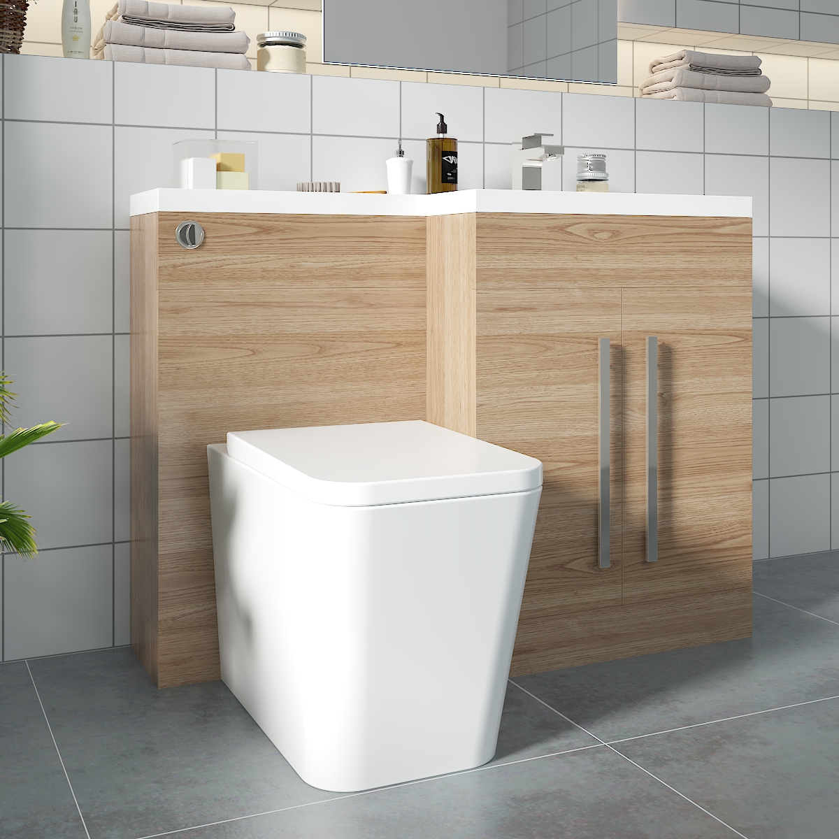 Calm Light Oak Right Hand Combination Vanity Unit Basin L Shape with Back to Wall Cordoba Square Toilet & Soft Close Seat & Concealed Cistern - 1100mm