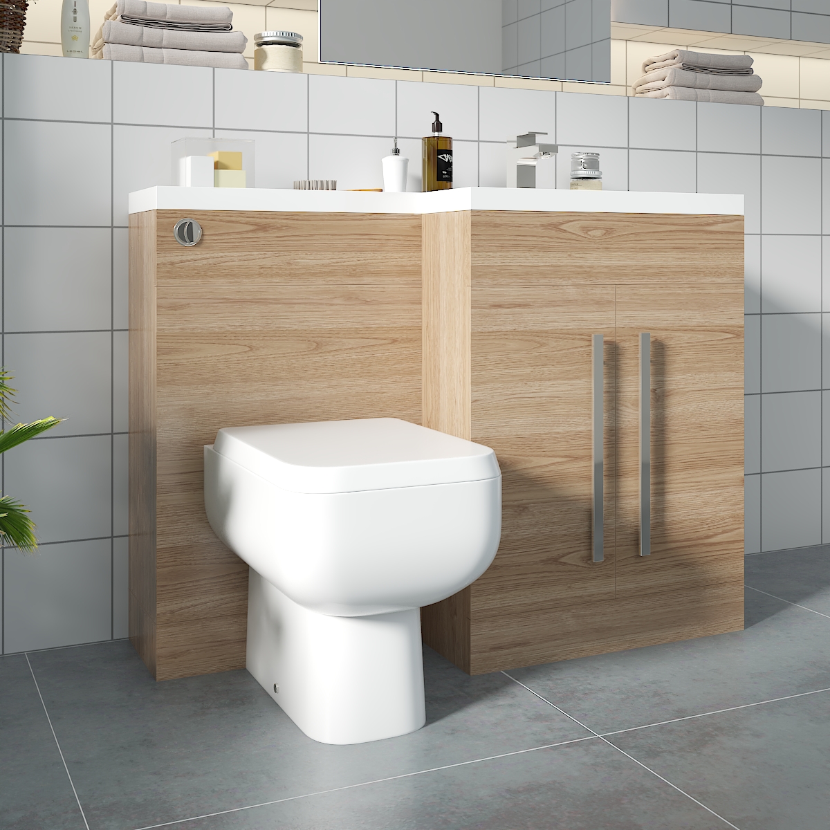 Calm Oak Right Hand Combination Vanity Unit with RAK-Series 600 Toilet & Soft Close Seat & Concealed Cistern - 1100mm