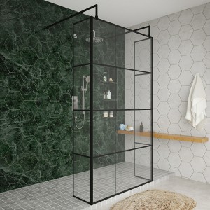 Wasdale 1100mm Black Grid Walk Through Wet Room Screen with 300mm Hinged Return Screens & L- Shape Support Arms