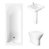 Essentials 1500 x 700mm Straight Bath Single Ended Bathroom Suite with RAK-Resort Back to Wall Pan Toilet and 550mm Full Pedestal Basin-With Front Bath Panel