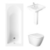Essentials 1600 x 700mm Straight Bath Single Ended Bathroom Suite with RAK-Resort Wall Hung Toilet and 550mm Full Pedestal Basin-With Front Bath Panel