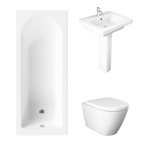 Essentials 1600 x 700mm Straight Bath Single Ended Bathroom Suite with RAK-Resort Wall Hung Toilet and 550mm Full Pedestal Basin-With Front Bath Panel