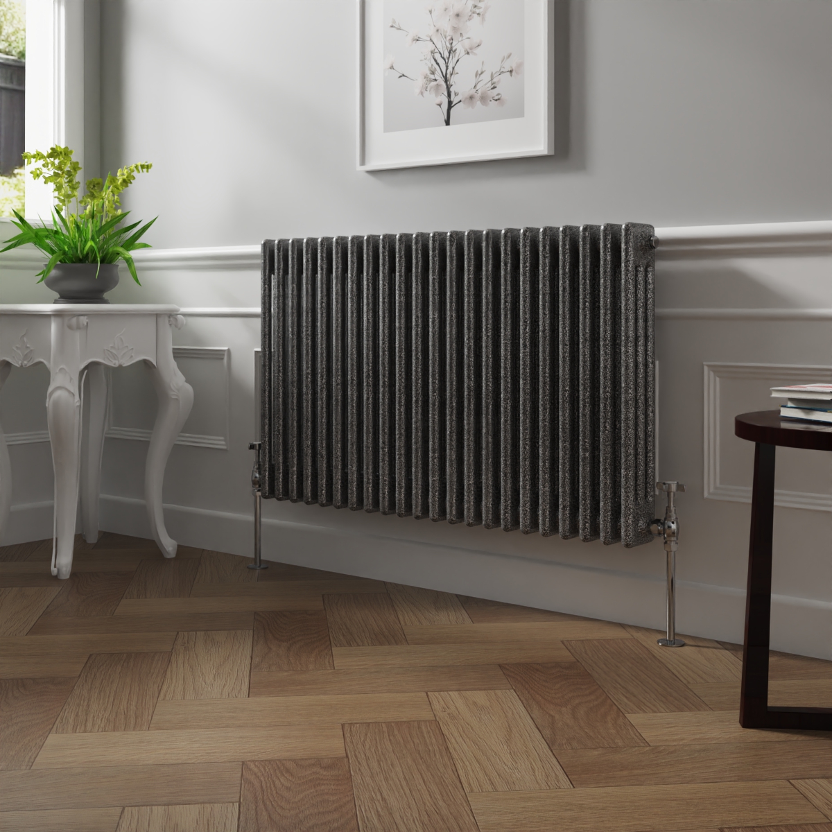 Bern 600 x 1010mm Black Silver Triple Column Horizontal Traditional Radiator
