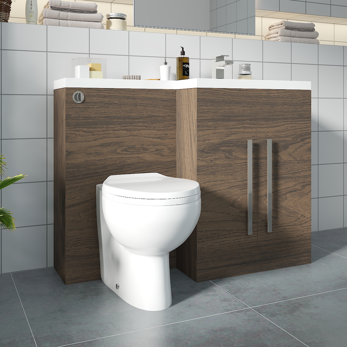 Calm Walnut Right Hand Combination Vanity Unit Basin L Shape with Back to Wall Splash Toilet & Soft Close Seat & Concealed Cistern - 1100mm