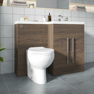 Calm Walnut Right Hand Combination Vanity Unit Basin L Shape with Back to Wall Splash Toilet & Soft Close Seat & Concealed Cistern - 1100mm