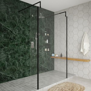 Wasdale 1200mm Black Walk Through Wet Room Screen with 300mm Hinged Return Screens & L- Shape Support Arms