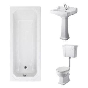 Wellington Low Level Comfort Height Toilet with White Seat & 600mm 1 Tap Hole Basin with 1700 x 700mm Traditional Straight Bath Single Ended
