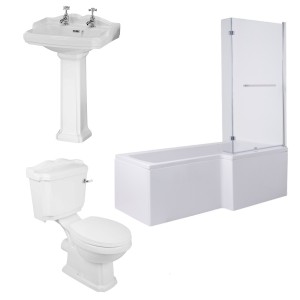 Abbey Traditional Bathroom Suite with L-Shape Shower Bath - Right Hand - 1700mm