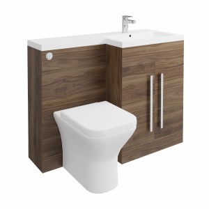 Calm Walnut Right Hand Combination Vanity Unit Basin L Shape with Back to Wall Feel Curved Toilet & Soft Close Seat & Concealed Cistern - 1100mm