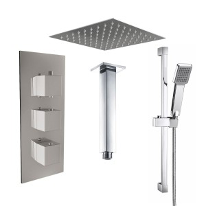 Beauly Chrome Triple Square Handle Concealed Valve Built in Diverter with 400mm Square Shower Head, Riser Rail and Ceiling Arm (3 Outlet)