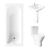 Essentials 1500 x 700mm Straight Bath Single Ended Bathroom Suite with RAK-Resort Maxi Close Coupled Open Back Rimless Toilet and 550mm Full Pedestal Basin-With Front Bath Panel