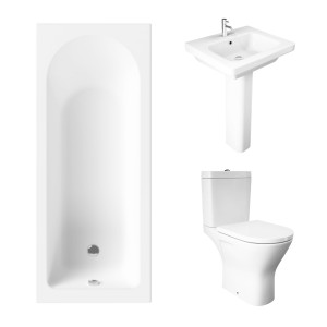 Essentials 1500 x 700mm Straight Bath Single Ended Bathroom Suite with RAK-Resort Maxi Close Coupled Open Back Rimless Toilet and 550mm Full Pedestal Basin-With Front Bath Panel