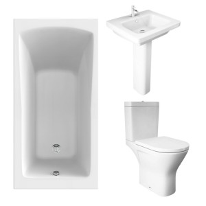 RAK Resort Maxi Open Back Toilet with 550mm Basin Modern Bathroom Suite and Single Ended Bath with Front Panel - 1400 x 700mm