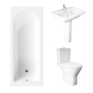 Essentials 1500 x 700mm Straight Bath Single Ended Bathroom Suite with RAK-Resort Maxi Close Coupled Open Back Rimless Toilet and 650mm Full Pedestal Basin - Including Bath Panels