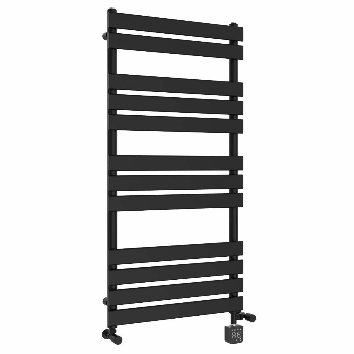 Juva 1200 x 600mm Dual Fuel Satin Black Flat Panel Thermostatic Touch Control Wifi Electric Heated Towel Rail