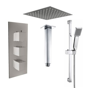 Beauly Chrome Triple Square Handle Concealed Valve with 200mm Square Shower Head, Riser Rail and Ceiling Arm (2 Outlet)