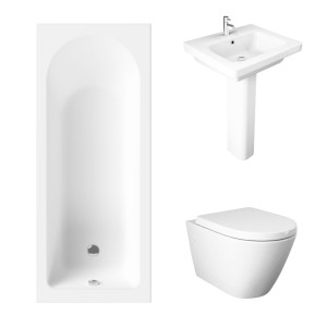 Essentials 1700 x 700mm Straight Bath Single Ended Bathroom Suite with RAK-Resort Wall Hung Toilet and 550mm Full Pedestal Basin