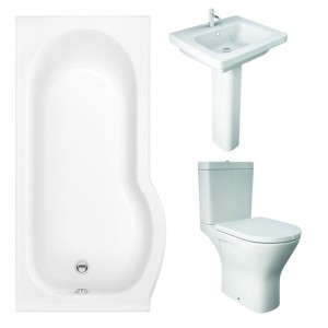 RAK Resort Maxi Open Back Toilet with 550mm Basin Modern Bathroom Suite with P-Shape Shower Bath and Front Panel - Left Hand - 1500mm
