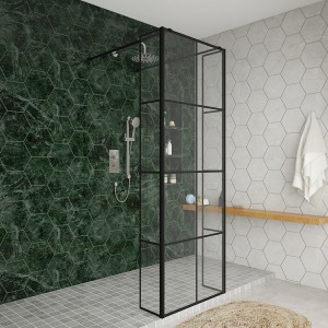 Wasdale 700mm Black Grid Walk Through Wet Room Screen with 215mm Hinged Return Screens