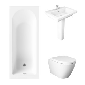 Essentials 1700 x 700mm Straight Bath Single Ended Bathroom Suite with RAK-Resort Wall Hung Toilet and 650mm Full Pedestal Basin-With Front Bath Panel