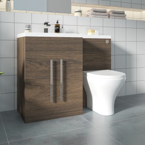 Calm Walnut Left Hand Combination Vanity Unit Basin L Shape with Back to Wall Fresh Curved Toilet & Soft Close Seat & Concealed Cistern - 1100mm